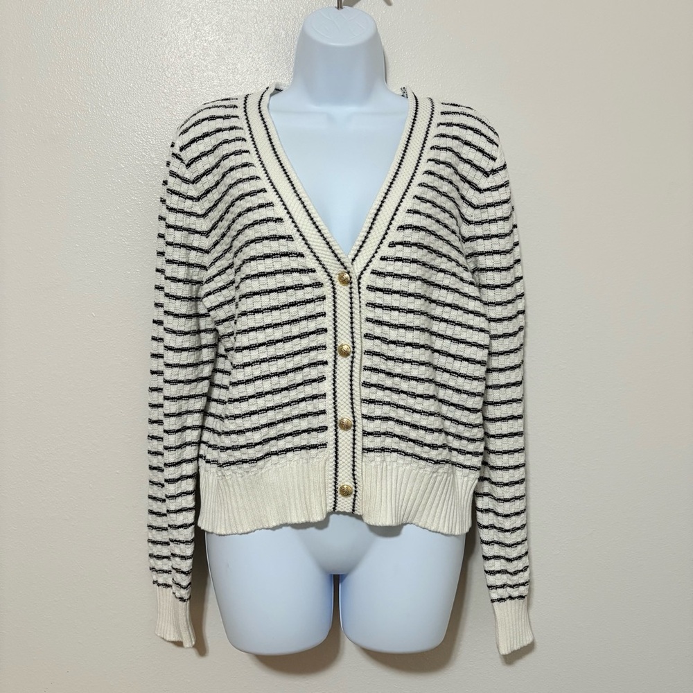 Love Scarlett Classic Blue&White Striped Cardigan W/Gold Button SzL Preppy